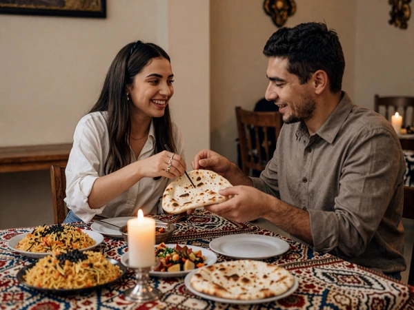 American man and Tajik woman sharing traditional plov dinner building a genuine cross-cultural relationship
