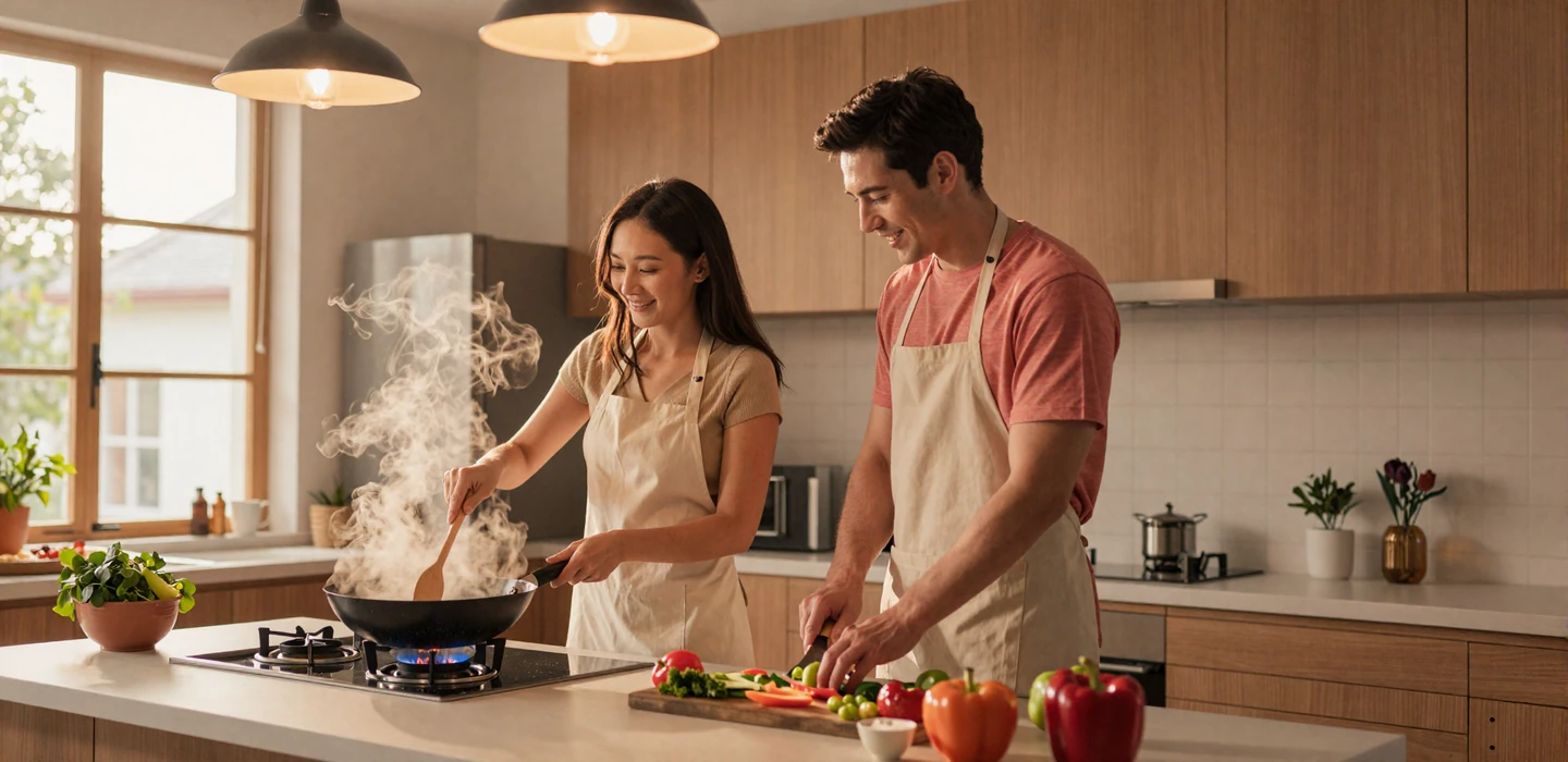 Couple cooking Asian cuisine together in a warm modern kitchen with steaming wok and fresh ingredients