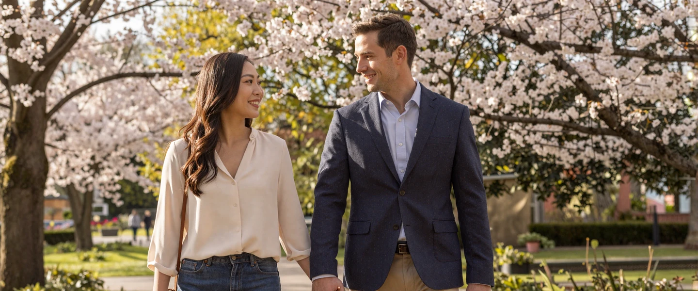American man and Asian woman walking together in a sunlit botanical garden representing cross-cultural love