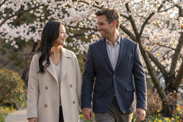 American man and Chinese woman walking in a cherry blossom garden representing cross-cultural asian dating