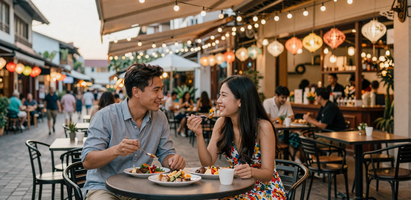 Couple enjoying cross-cultural date at an Asian cultural district cafe