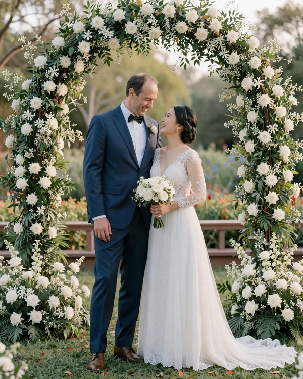 Roger and Xujing on their wedding day, standing under a floral arch in a garden