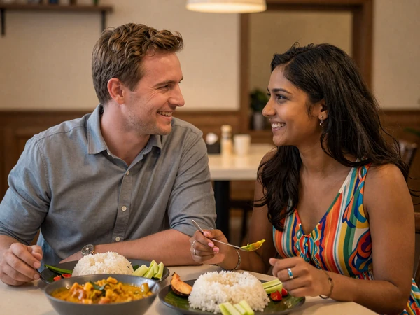 American man and Sri Lankan woman sharing a traditional rice and curry meal together building cross-cultural connection
