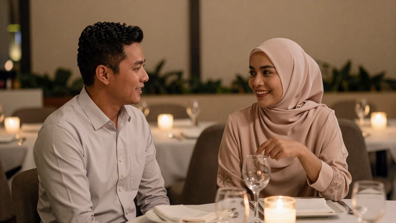American man and Bruneian woman having a warm conversation at a restaurant building cross-cultural trust