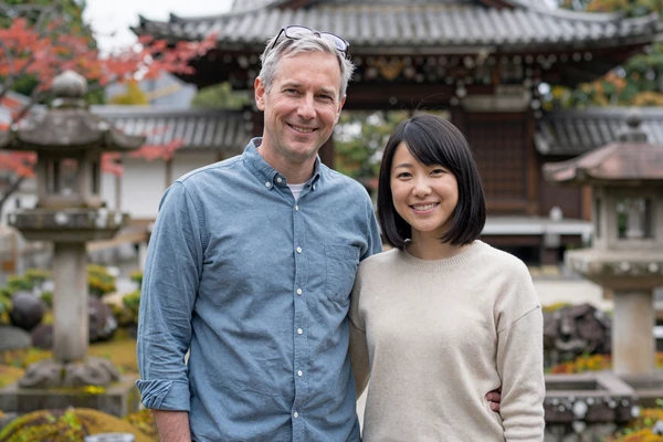 Robert and Yuki, an American-Japanese couple who connected on our dating platform, at a serene Japanese temple