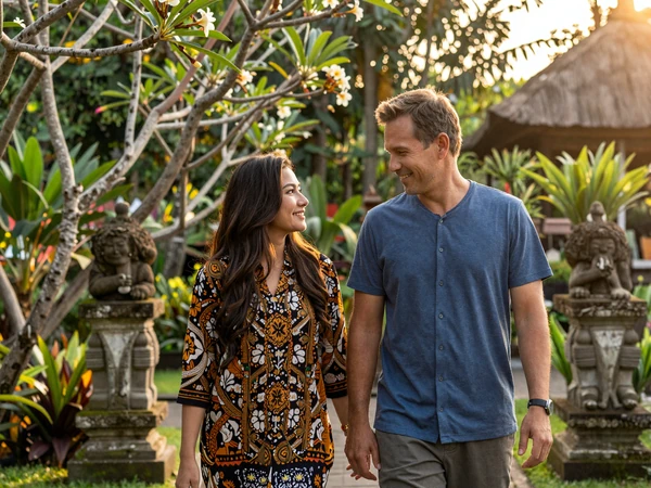 American man and Indonesian woman exploring a tropical garden in Bali together building their cross-cultural relationship
