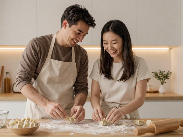 American man and Chinese woman making dumplings together building cross-cultural connection in kitchen