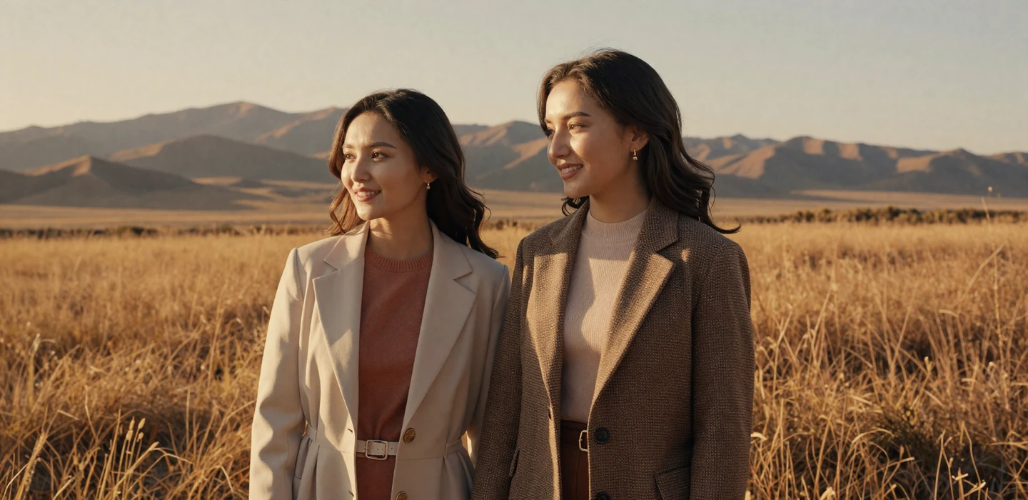 Beautiful Kazakh women in modern attire on golden steppe landscape seeking genuine relationships on Localdatingusa dating platform