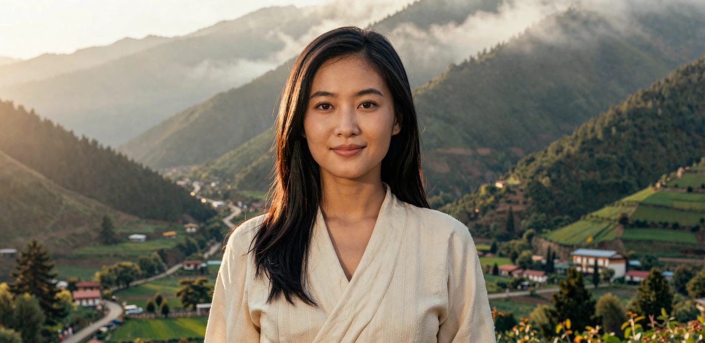 Beautiful Bhutanese woman seeking genuine relationship on Localdatingusa dating platform with mountain scenery