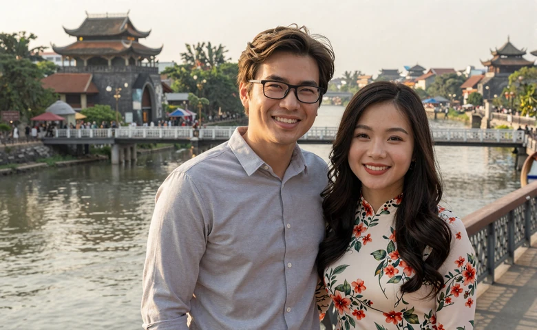 James and Linh, American-Vietnamese couple standing on a bridge in Vietnam at sunrise