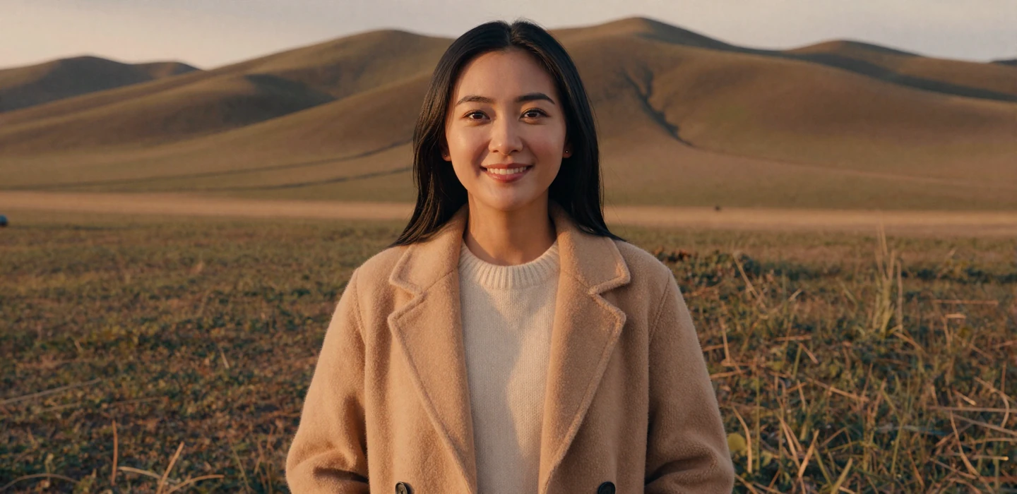 Beautiful Mongolian woman in elegant modern attire on the steppe seeking genuine relationships on Localdatingusa dating platform