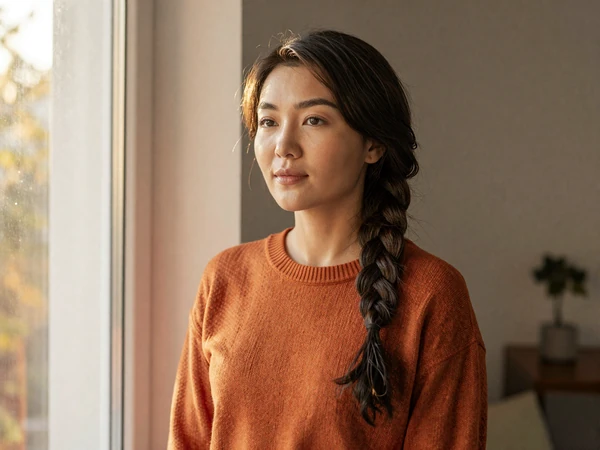 Kazakh woman with warm expression near window golden light reflecting core relationship values of loyalty and warmth
