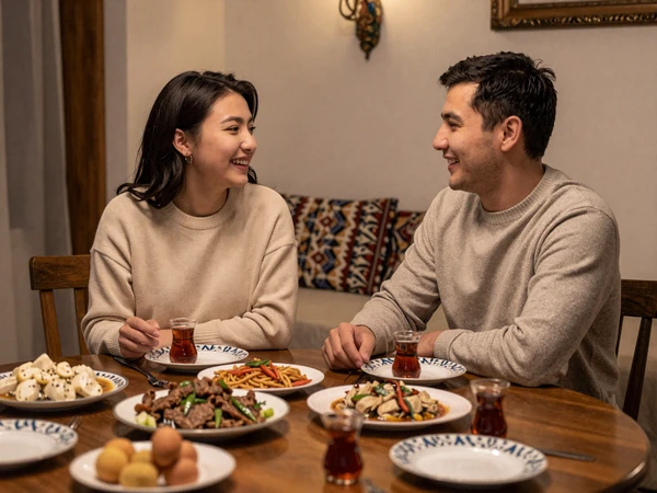 American man and Kazakh woman sharing traditional beshbarmak meal together building cross-cultural connection