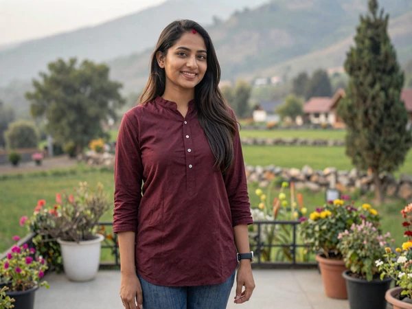 Nepali woman in casual maroon kurta smiling warmly in a garden with distant Himalayan mountain view