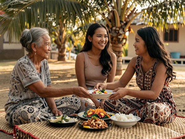 Three generations of a Timorese family sharing a traditional meal showing family bonds central to Timorese dating culture