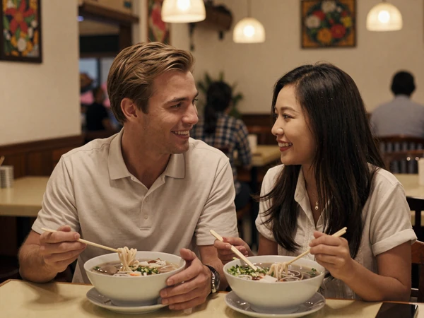 American man and Vietnamese woman sharing a warm pho meal together building cross-cultural connection