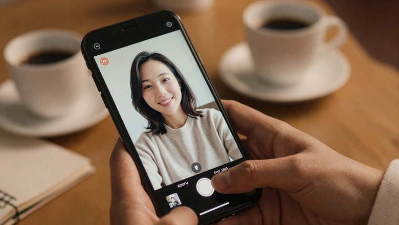 Smartphone showing video chat with an Asian woman during a long-distance dating call