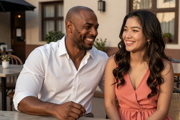 James and Angelica, an American-Filipino couple who found love online, laughing together at an outdoor cafe