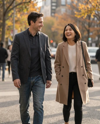 American man and Thai woman enjoying a genuine first meeting walking through an autumn park