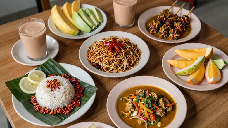 Colorful Malaysian food spread featuring nasi lemak, satay, roti canai, and tropical fruits perfect for a date night
