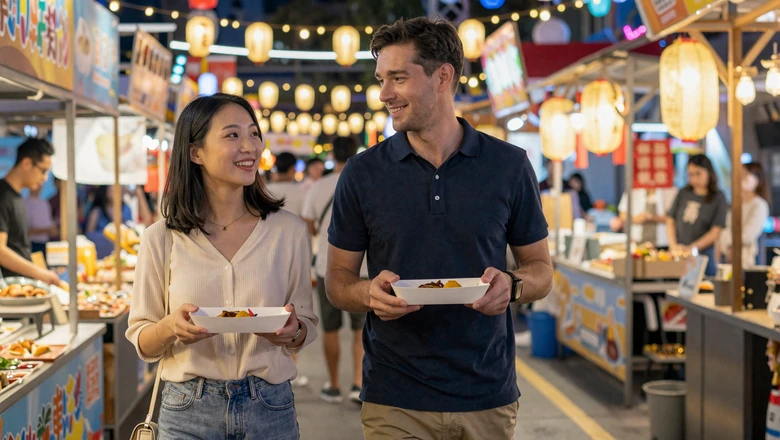 Couple walking through a vibrant Asian night market with colorful string lights and food stalls on a first date