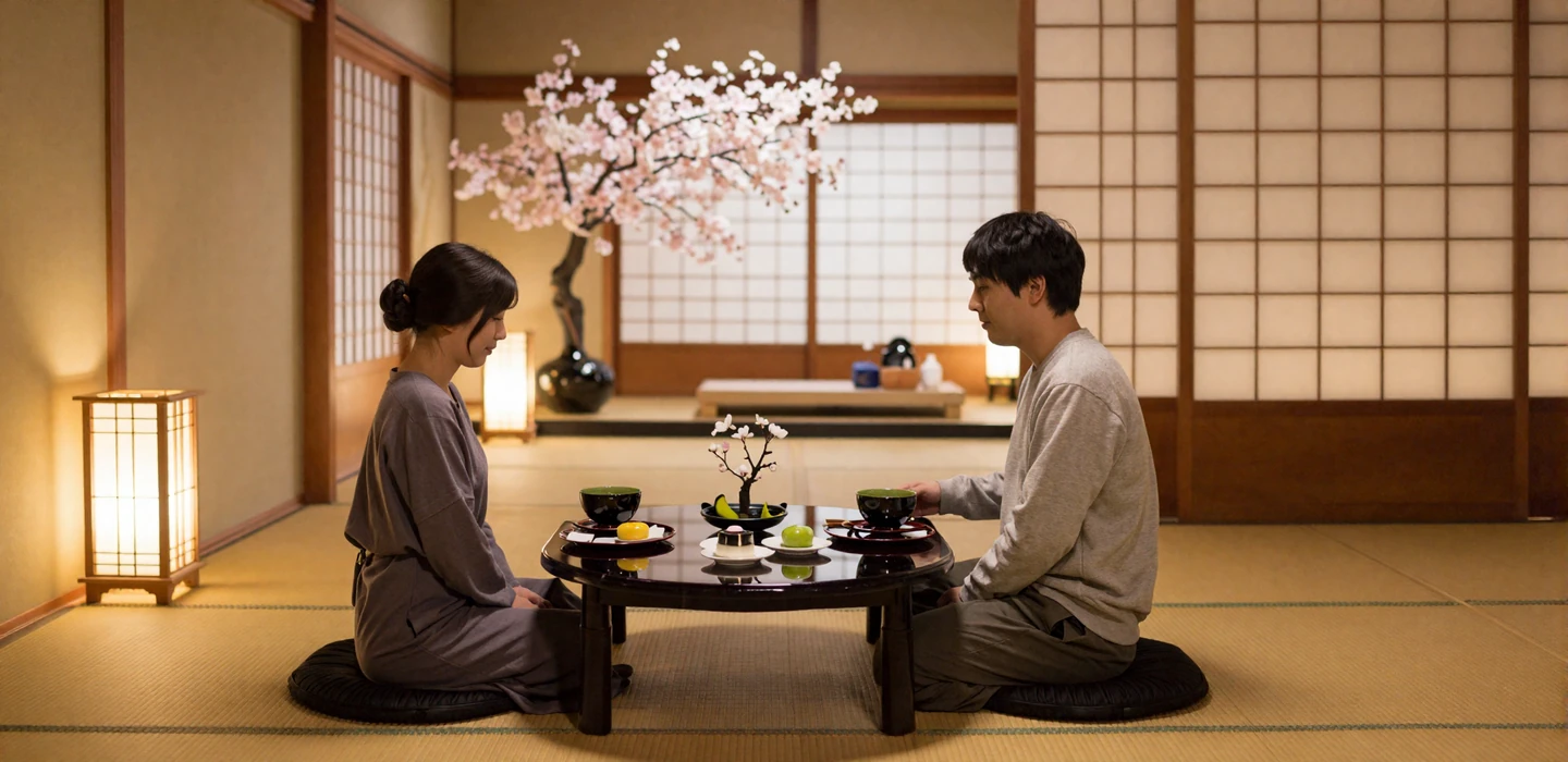 Warmly lit Japanese tea house interior with table set for two and cherry blossoms creating a romantic first date atmosphere