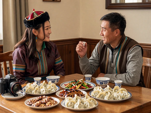 American man and Mongolian woman sharing traditional Mongolian dinner with buuz dumplings in warm family setting