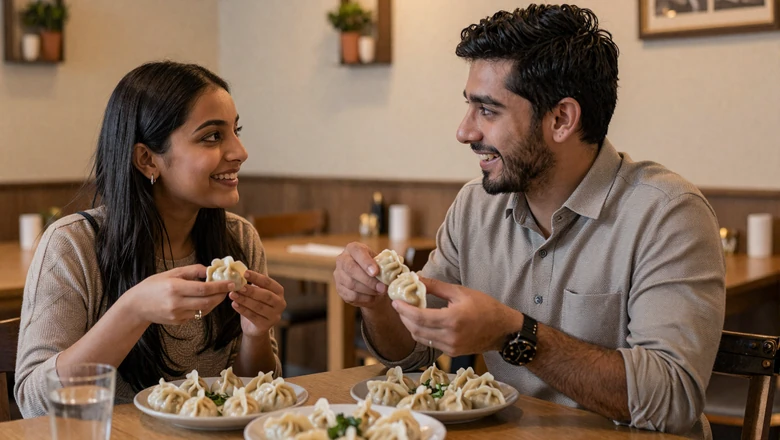 American man and Nepali woman sharing traditional momo dumplings at a warm restaurant building cross-cultural connection
