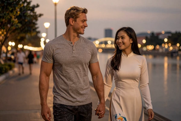 David and Linh, an American-Vietnamese couple, walking hand in hand along a riverside at dusk
