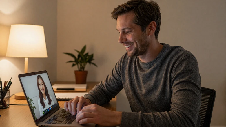 American man video chatting with Korean woman online showing genuine long-distance relationship connection