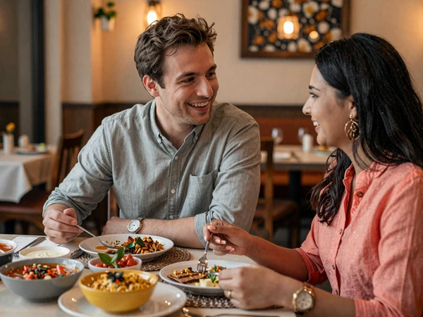 American man and Indian woman sharing a traditional Indian meal together building cross-cultural connection