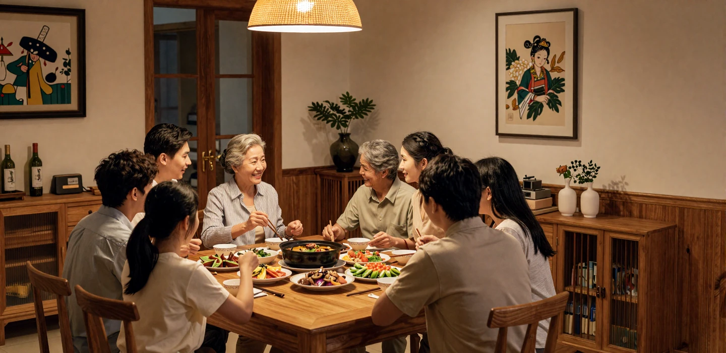 Multi-generational Asian family sharing a warm meal together in a cozy home setting
