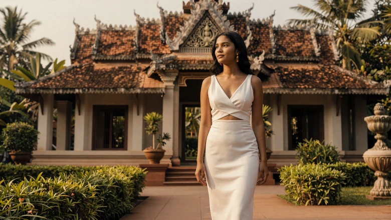 Cambodian woman in elegant attire near lush tropical garden reflecting Angkor-inspired cultural beauty and heritage