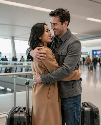 Happy couple reuniting at airport arrivals after long-distance international dating