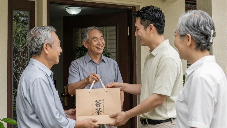 American man meeting Asian parents at their home with a respectful gift