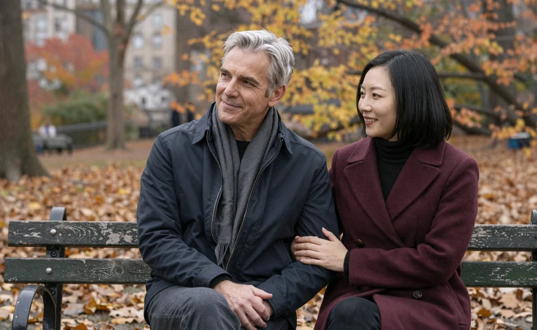 Larry and Mei, American-Chinese couple sitting on a park bench in New York during autumn