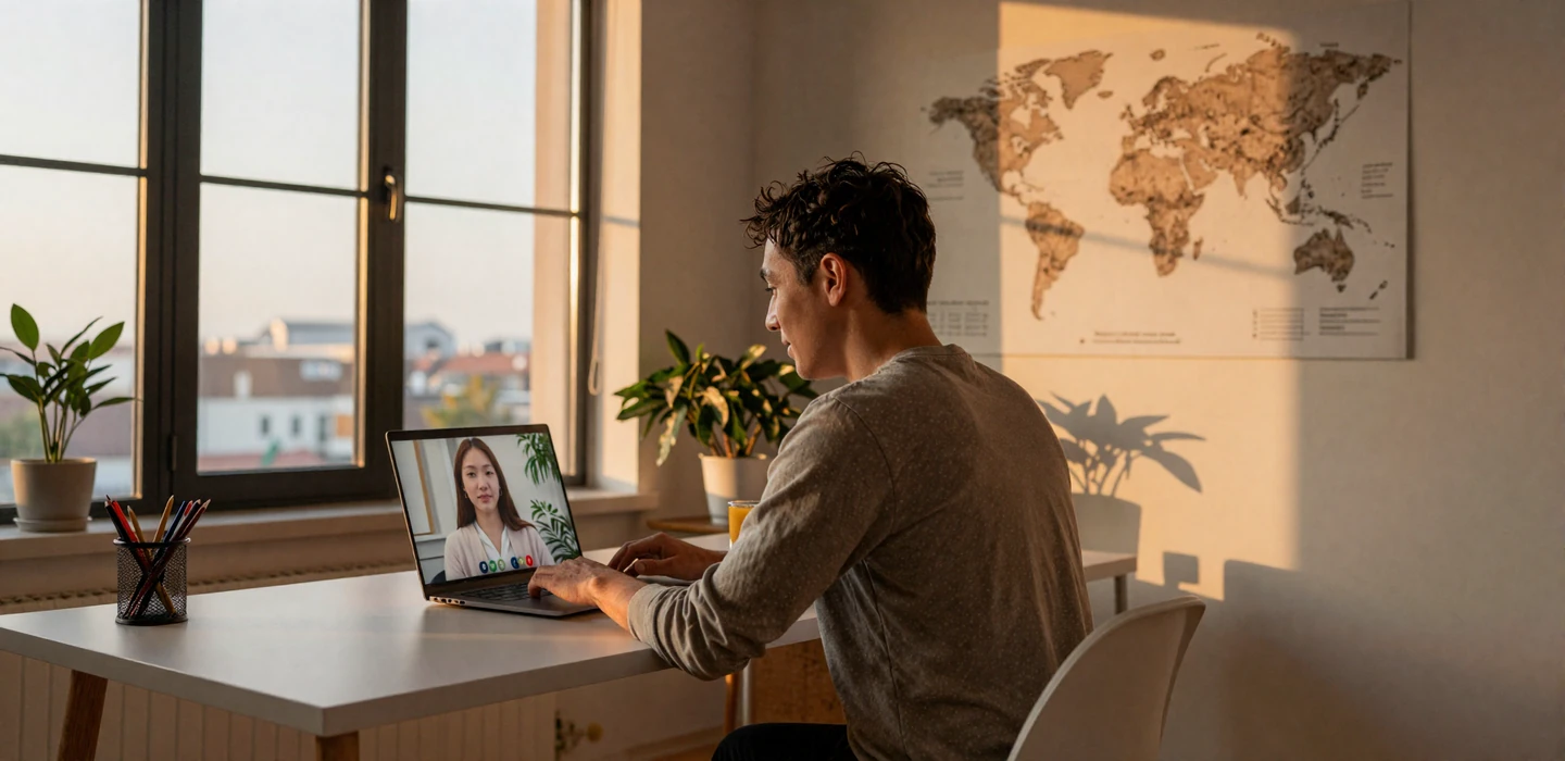 Man on a video call with his Asian partner during golden hour sunset in a cozy apartment
