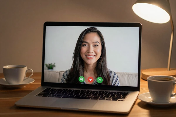 Video chat with an Asian woman on laptop representing online dating communication tools