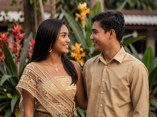 Cambodian couple sharing a warm moment during traditional courtship in a beautiful garden setting