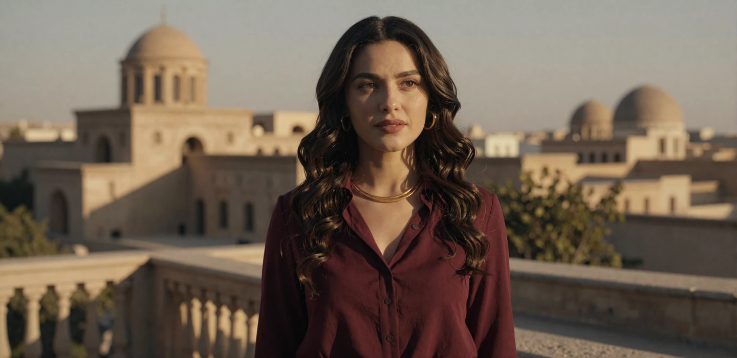 Beautiful Armenian woman in elegant burgundy blouse on sunlit terrace seeking genuine relationship on Localdatingusa dating platform