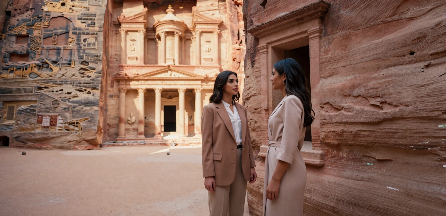Elegant Jordanian women in modern professional attire near warm rose-stone architecture representing Jordanian women dating on Localdatingusa
