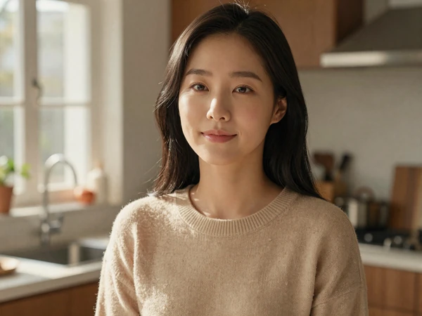 Confident Korean woman from North Korean background in warm sunlit kitchen representing resilience and warmth