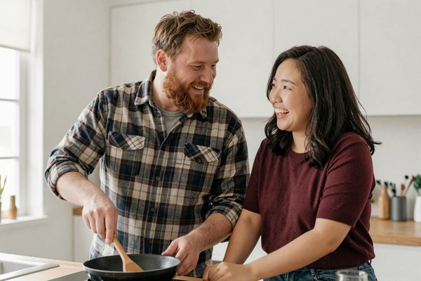 Tom and Soo-Min, an American-Korean couple, cooking together in their kitchen