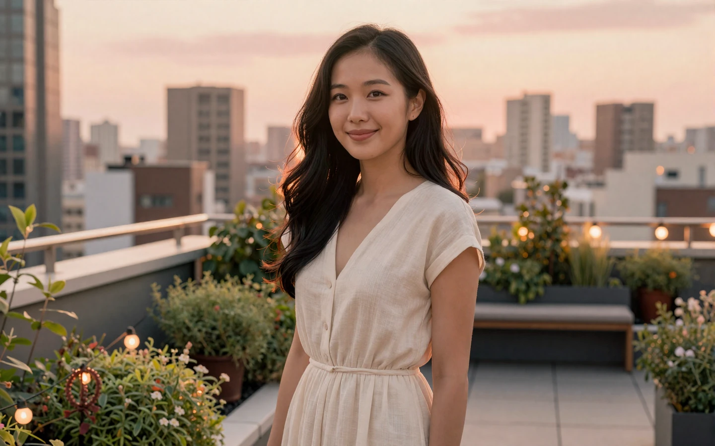 Beautiful Asian woman smiling on a rooftop terrace at golden hour representing asian women dating